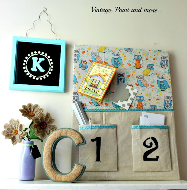 Vintage, Paint and more... DIY Dorm Decor - wall vignette made with a recycled bulletin board, monogram wall art, and milk bottle vase with burlap flowers