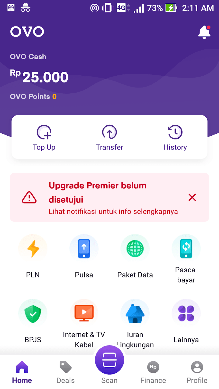 Permohonan upgrade ke OVO Premier ditolak terus