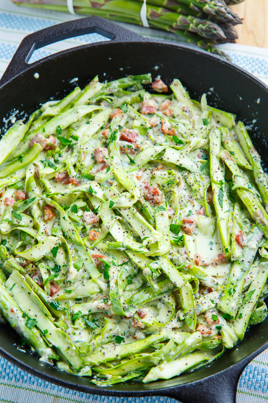 Creamy Brie Asparagus Noodle and Pancetta Carbonara