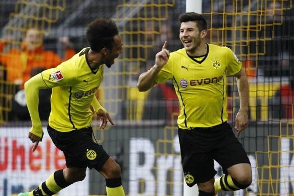 Miloš Jojić celebrates his first ever Dortmund goal with teammate Pierre-Emerick Aubameyang