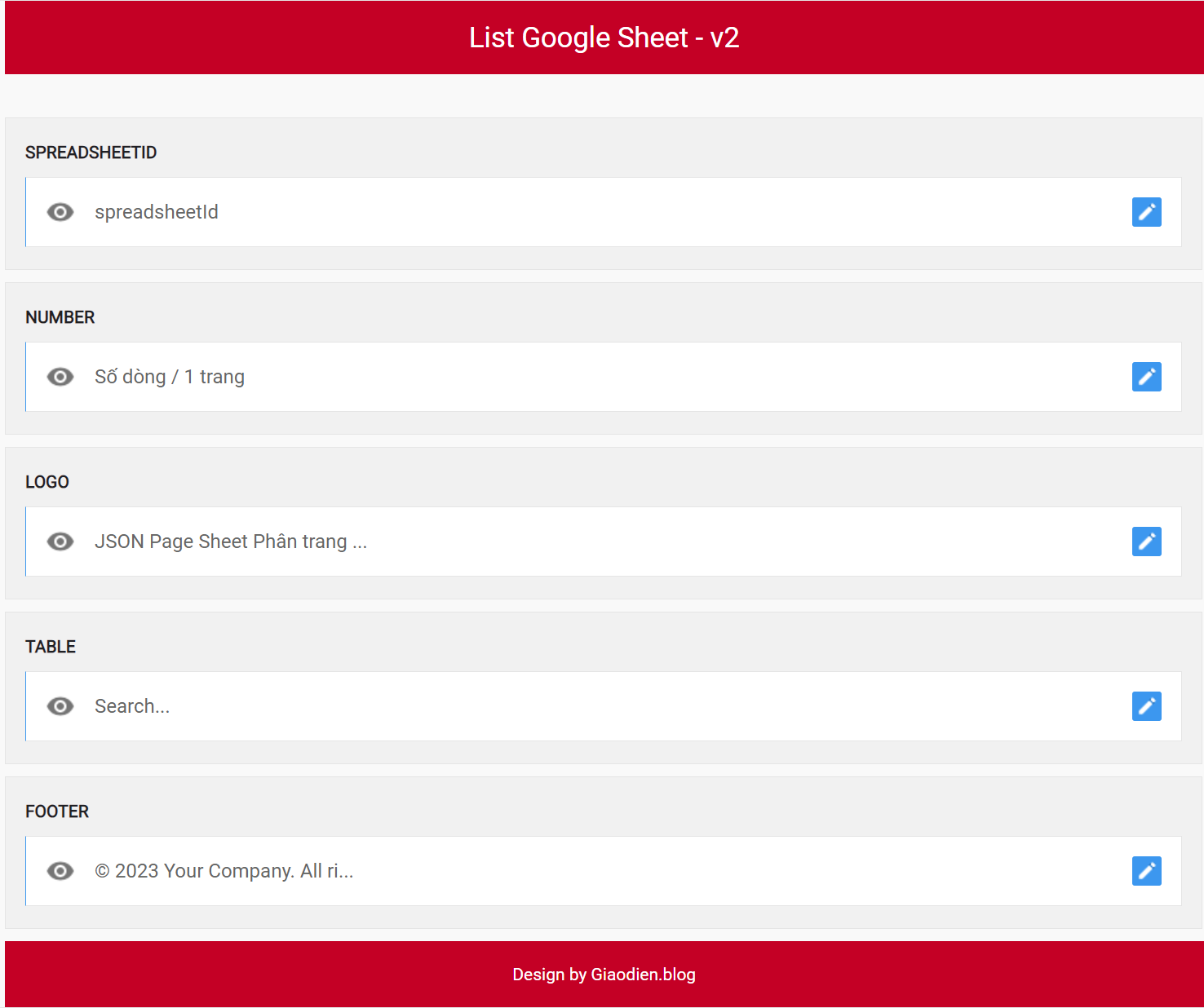 Template Load dữ liệu từ Google Sheet