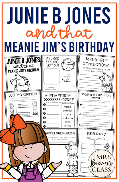 Junie B Jones and That Meanie Jim's Birthday book study activities literacy unit with Common Core aligned companion activities for First Grade and Second Grade