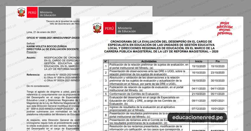 OFICIO N° 00080-2021 -MINEDU/VMGP-DIGEDD.- Modificación de Cronograma de Evaluación del Desempeño de Especialistas en Educación de UGEL y DRE 2020