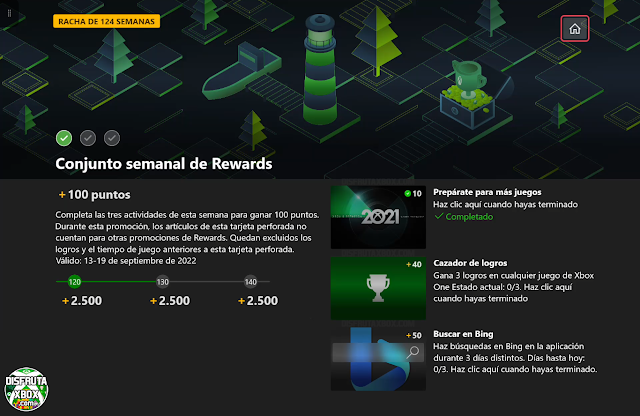 Conjunto semanal de Rewards: 100 puntos (125 Semanas completadas)