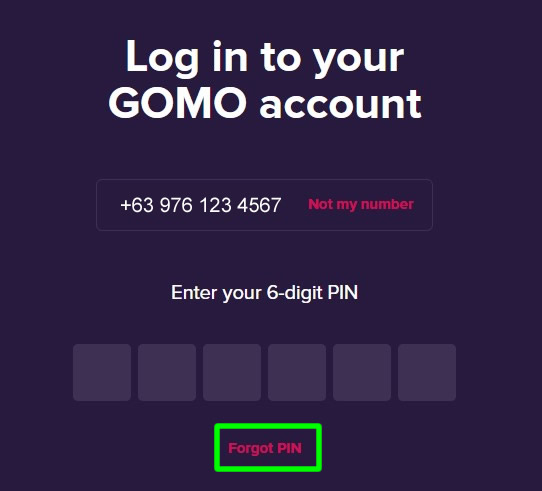 gomo account forgot pin link