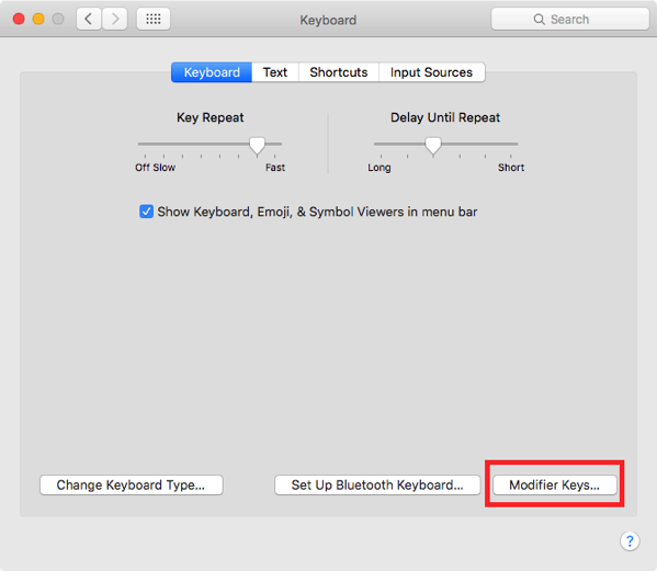 Keyboard Preference showing Modifier keys