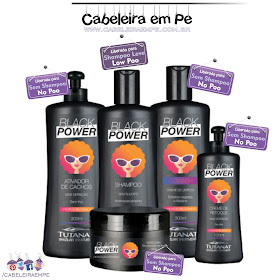 Linha Black Power - Tutanat. Shampoo Liberado para Low Poo (Shampoo Leve), somente com Cocamidopropyl Betaine. Cowash, Máscara, ativador de cachos (creme para pentear) e creme de retoque (day after) liberados para No Poo (Sem Shampoo).