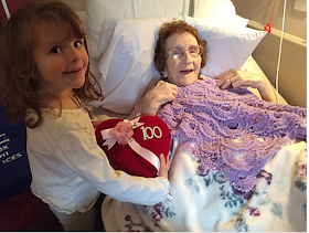 Sweet Nothings Crochet free crochet pattern blog, modelled photo of the 100-yr old wearing the shawl, with her great grand daughter also in the photo,