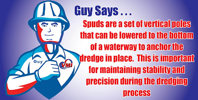Guy, the Dredge Guy relaying information about how spuds are a set of vertical poles that can be lowered into the bottom of a waterway