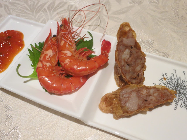 Baked Prawns in Salt and Deep-fried Pork Roll with Bean Curd Skin