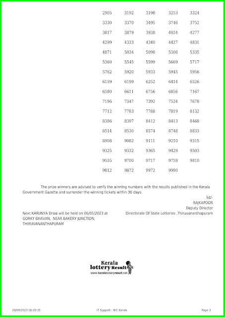 Off. Kerala Lottery Result; 29.04.2023 Karunya Lottery Results Today "KR 599".