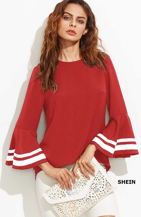 Blusa con pinza de costado escote redondo manga campana desde el codo