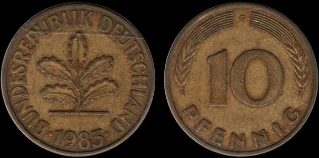 Deutsche Mark Coin KM-108 Oak Seedling, Rye Ears 10 pfennige 1983