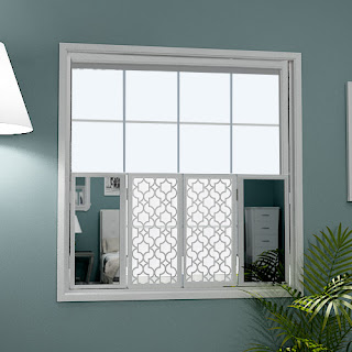 Cafe style mirror window shutters with moroccan grilles