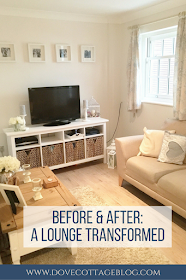 Before and after pictures showing how we transformed our dingy, small brightly-coloured lounge into a bright and airy living room using neutral coloured paint and accessories 