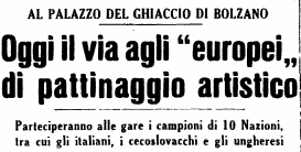 Newspaper headline from the 1954 European Figure Skating Championships in Bolzano, Italy