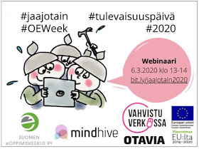 Jaa jotain -tapahtuman esittelykuva, missä ovat tiedoksi hashtagit #jaajotain #OEWeek #tulevaisuuspäivä #2020. Lisäksi mukana tietoa 6.3. webinaarista ja sen järjestäjistä. ne löytyvät tekstistä alempaa Jaa jotain -blogista.