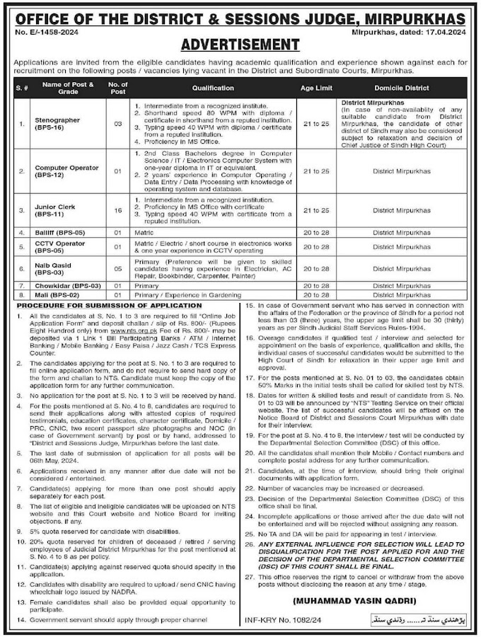 Office of the district and session judge, Mirpukhas Jobs 2024