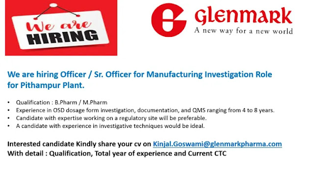 Glenmark Pharma Hiring For Manufacturing Investigation Role - M Pharm/ B Pharm