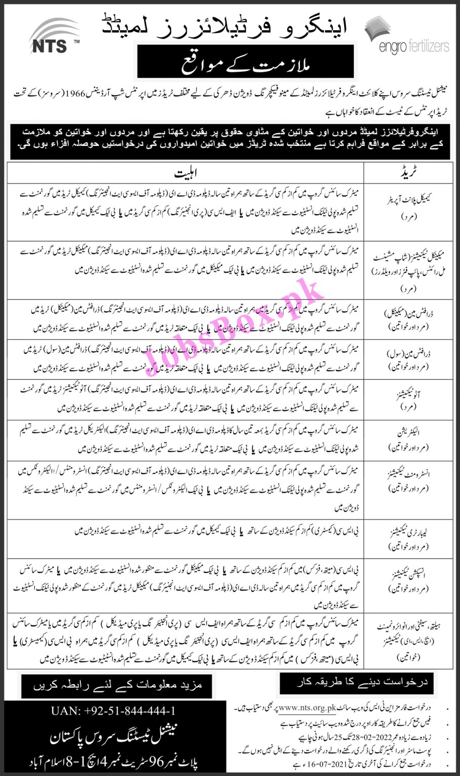 Engro Fertilizers Apprenticeship Jobs 2021 – Apply Online via NTS