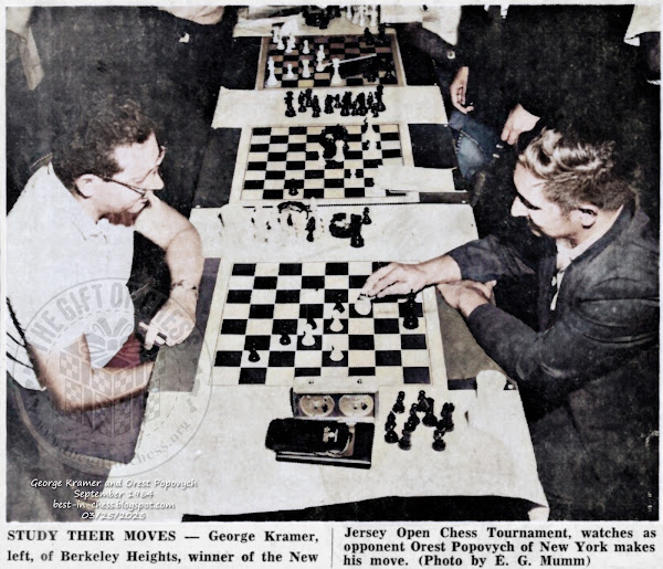 George Kramer, left, of Berkeley Heights, winner of the New Jersey Open Chess Tournament, watches as opponent Orest Popovych of New York makes his move.