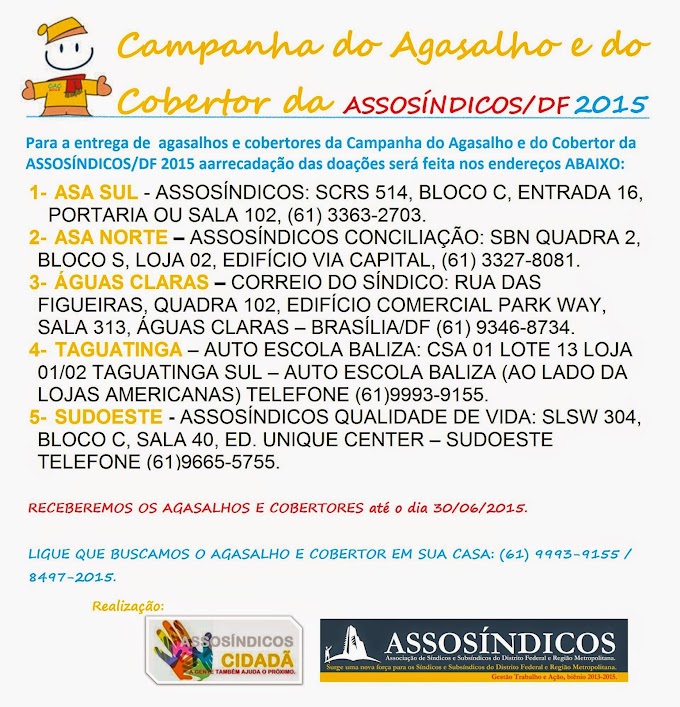 Doe agasalhos para a campanha do Agasalho e do Cobertor da ASSOSÍNDICOS/DF