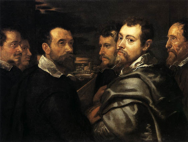 Self portrait in a circle of friends from Mantua, Peter Paul Rubens, Baroque portrait