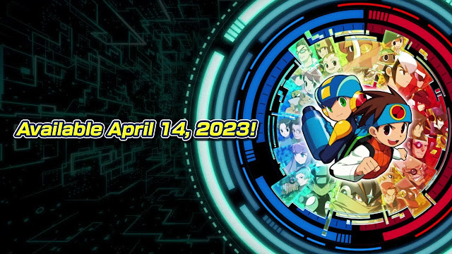 Arte de Mega Man Battle Network Legacy Collection com ilustrações dos principais personagens e a data de lançamento.