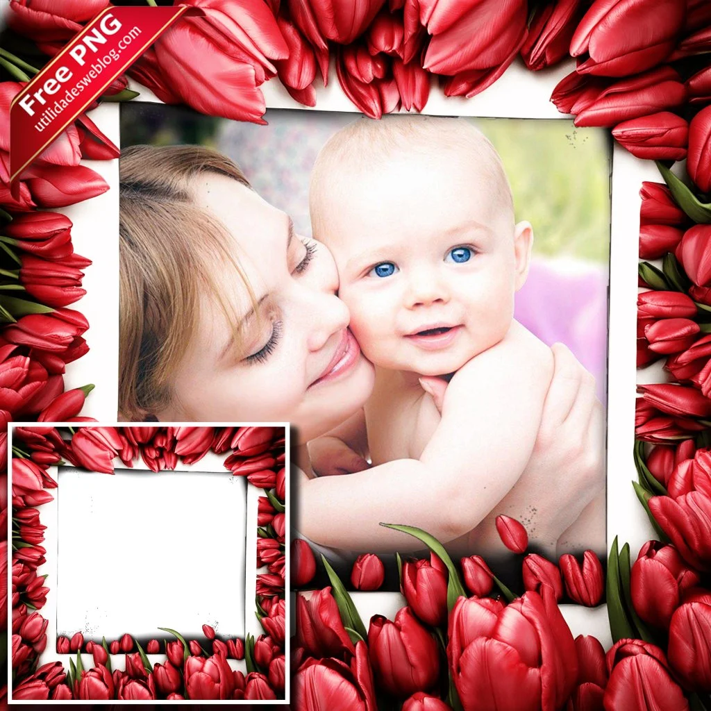 marco para fotos con flores de tulipanes rojos en png con fondo transparente para descargar gratis