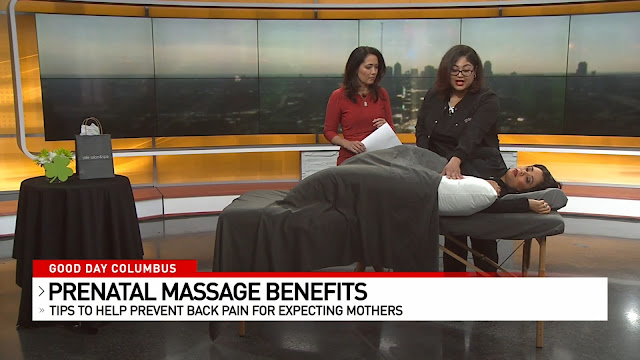 Drew LMT on Good Day Columbus demonstrating prenatal massage live