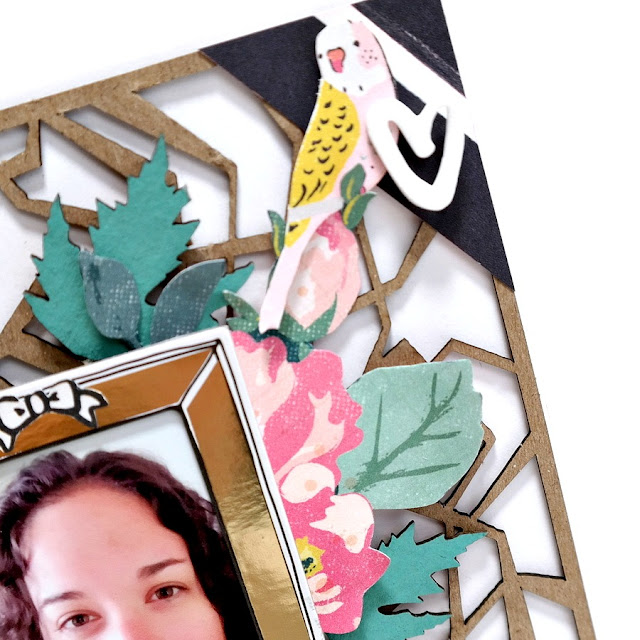 Chipboard Panel Scrapbook Layout with Patterned Paper Fussy Cuts and Chipboard Leaves