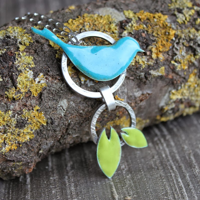 Bird silver enamel necklace by Mrs. Pepper