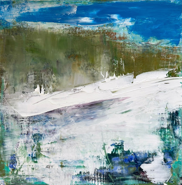 Steve Allrich painting of a snowy New England hillside under a blue sky dotted with clouds
