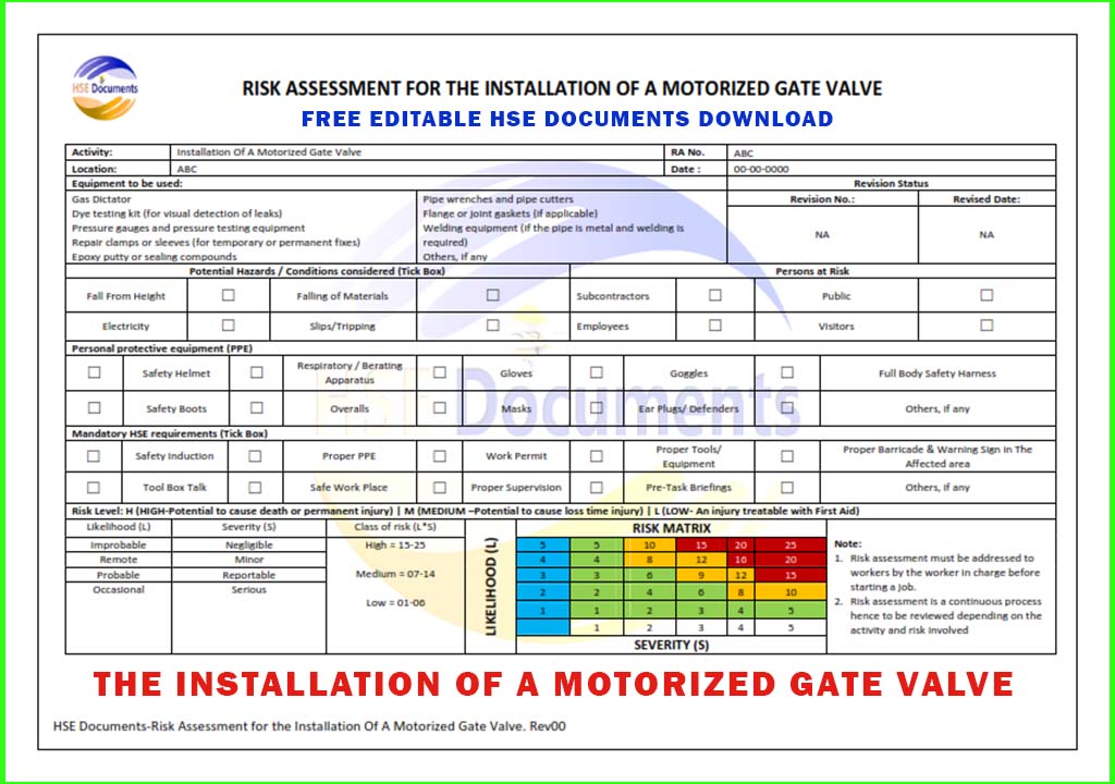 HSE DOCUMENTS-RISK ASSESSMENT FOR THE INSTALLATION OF A MOTORIZED GATE VALVE