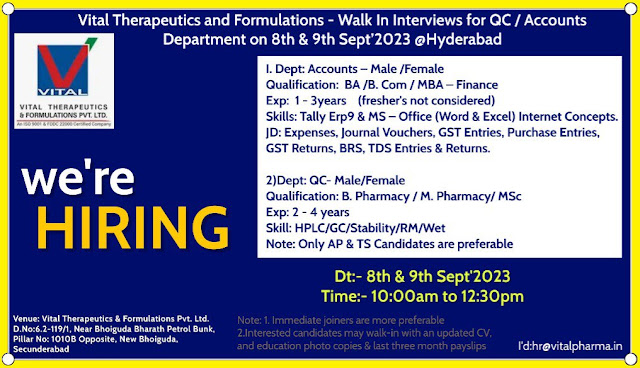 Vital Therapeutics and Formulations Walk In Interview For B Pharm/ M Pharm/ MSc/ BA/ BCom/ MBA