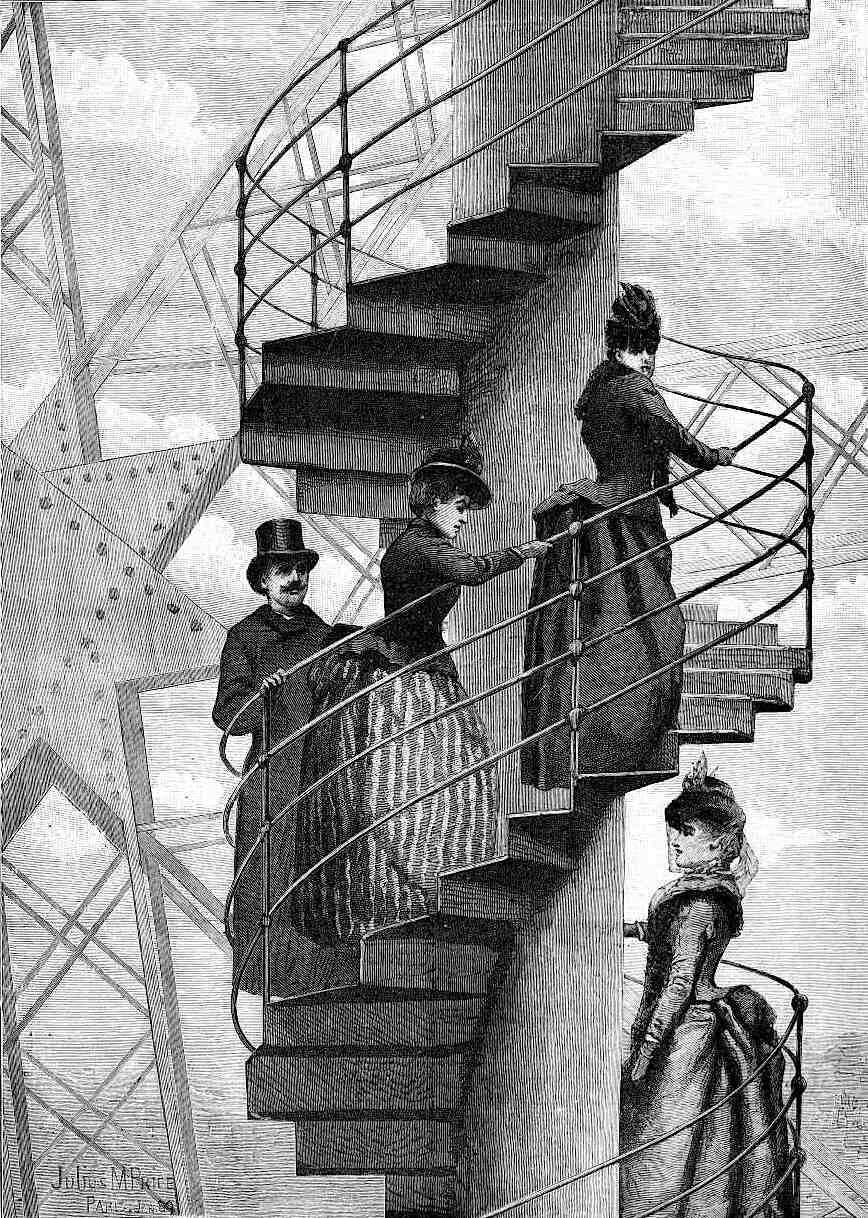 an illustration at the 1900 World's Fair in Paris, climbing Eiffel Tower stairs