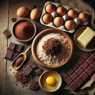 A rustic flat-lay composition of keto-friendly ingredients for a chocolate lava cake, including almond flour, cocoa powder, butter, eggs, keto-friendly sweetener, and dark chocolate. The warm lighting and wooden surface create an inviting and homely baking scene.