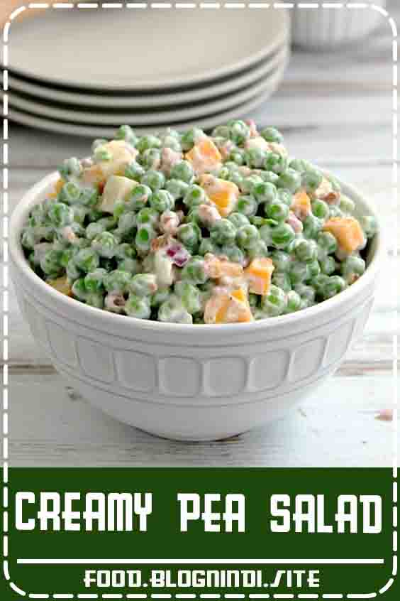 This Creamy Pea Salad is a nice change from the typical potato or pasta salads found at barbecues and potlucks. It requires very little cooking with just a little bit of chopping and mixing – it could easily be a no-cook recipe if you buy precooked bacon! It doesn’t get much easier than that! #Beans #Peas #recipe #salad