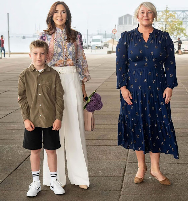 Crown Princess Mary wore a Kaleidoscope button multi swirl floral blouse by Zimmermann. Phillip Lim
