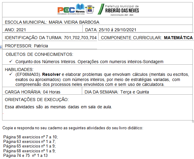 ATIVIDADE DE MATEMÁTICA/ PATRÍCIA