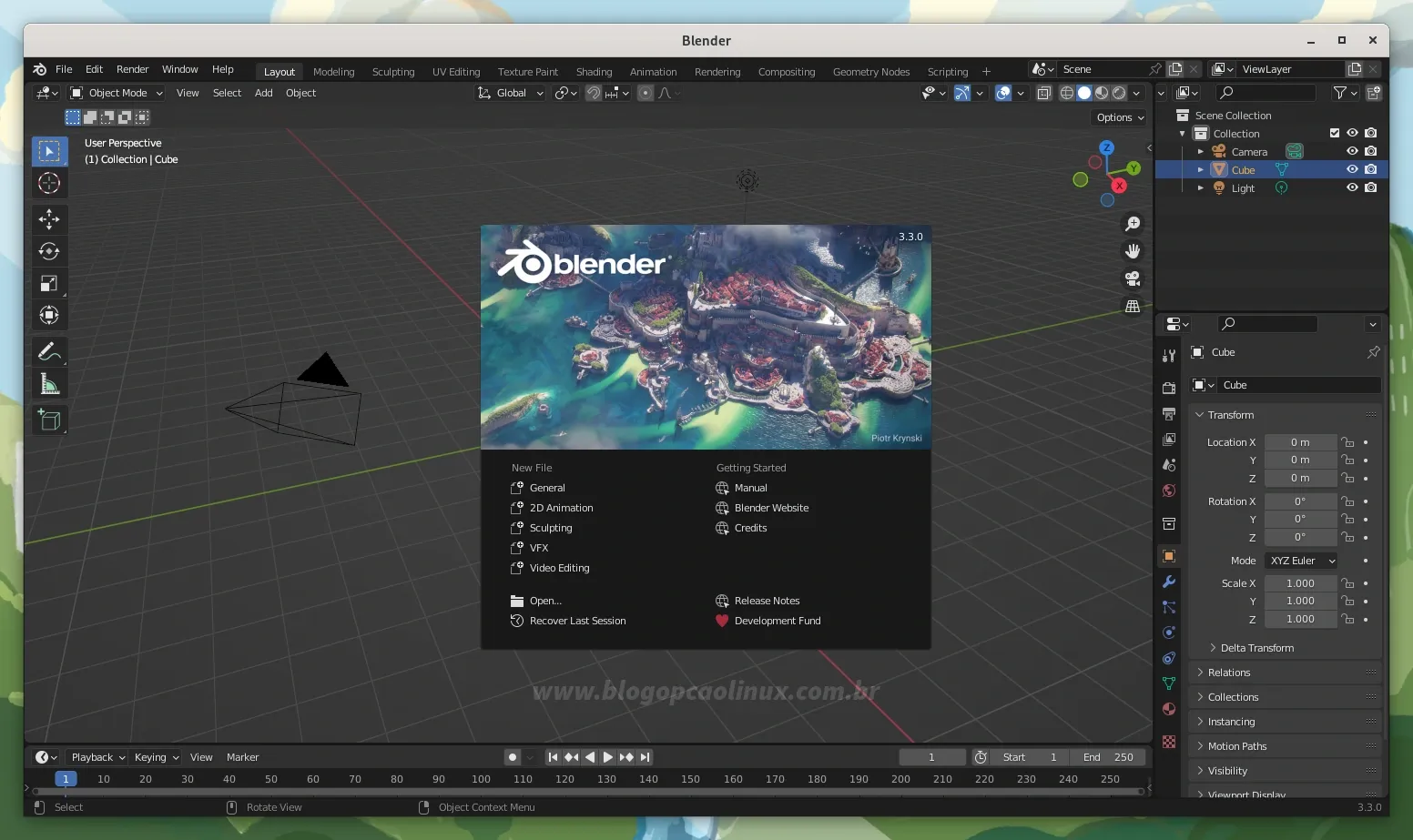 Blender executando no Fedora 37 Workstation