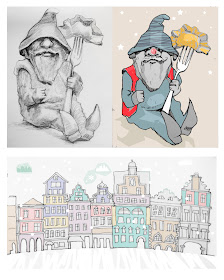 kamieniczki dla dzieci krasnale krasnoludki Urbaniak pastel dwarf crayon illustration for child book story poems 