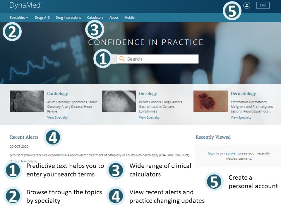 screen-shot of the main screen of Dynamed highlighting the key features