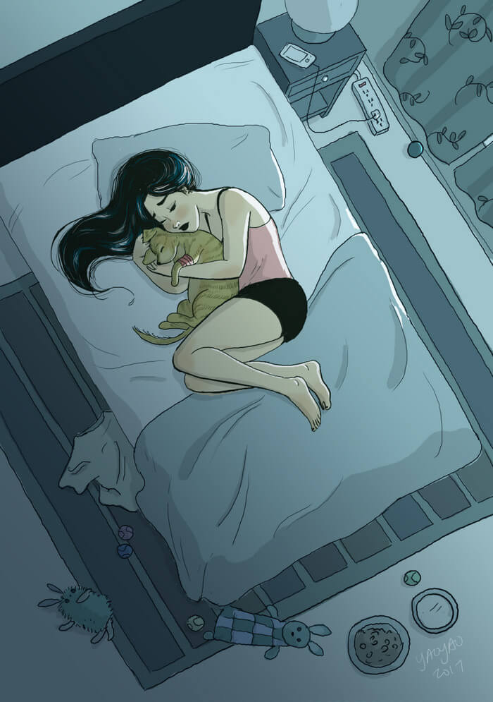 20 Beautiful Illustrations That Show What's Like To Live Alone - Cuddling With Your Best Friend