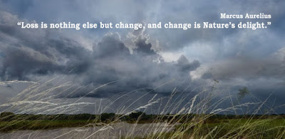 Picture of a stormy landscape and with the quote of Marcus Aurelius “Loss is nothing else but change, and change is Nature’s delight.”