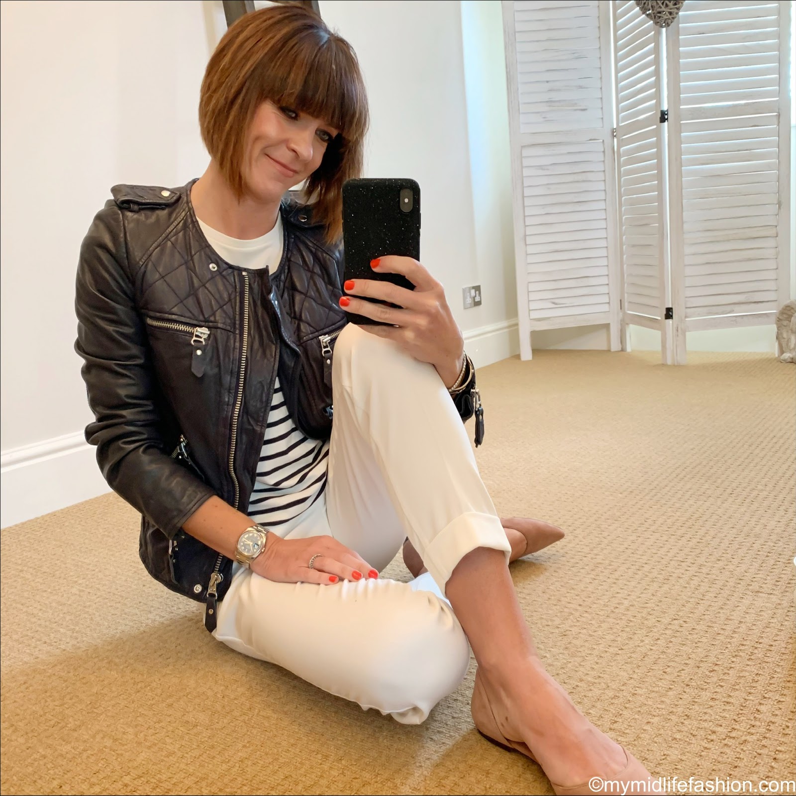 my midlife fashion, Isabel Marant Etoile leather quilted jacket, Claudie Pierlot Breton top, marks and Spencer off white trousers, h and m suede pointed flat ballet shoes
