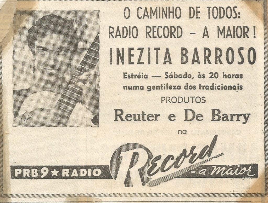 Anúncio de lançamento do programa de Inezita Barroso na Rádio Record em 1954