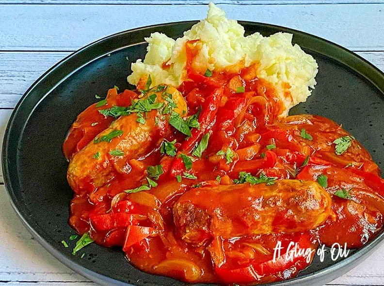 Slow cooker sausage and pepper casserole.