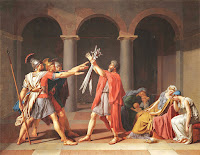 The Oath of the Horatii c.1784 at Louvre, a large oil on canvas painting by French Neoclassical artist Jacques-Louis David.