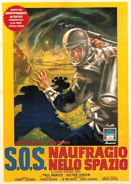 S. O. S. NAUFRAGIO NELLO SPAZIO. Italia: 99 x 140 cms. Arte: Marcello Colizzi. Imprenta: Rotolito, Roma. ROBINSON CRUSOE EN MARTE. Robinson Crusoe on Mars. 1964. Estados Unidos. Dirección: Byron Haskin. Reparto: Paul Mantee, Victor Lundin, Adam West.